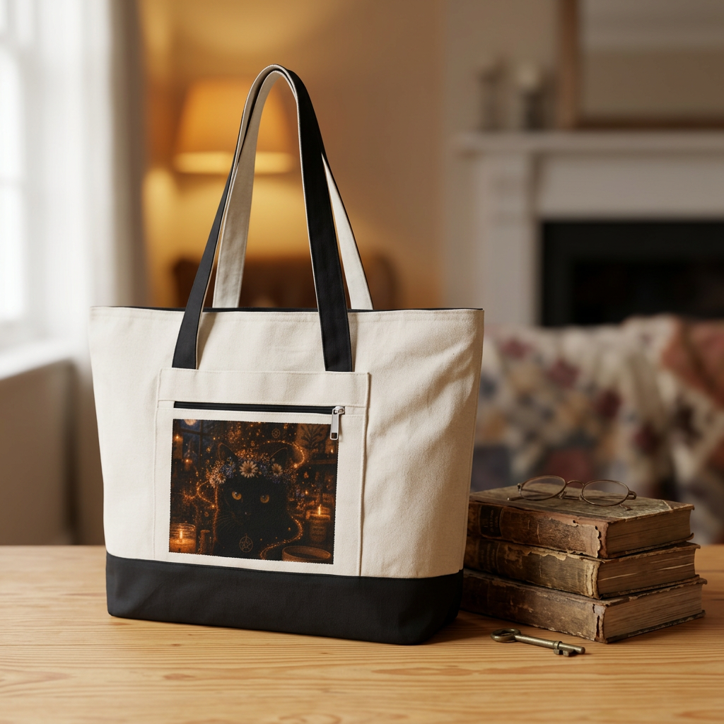 Black Cat Magic Zippered Canvas Tote