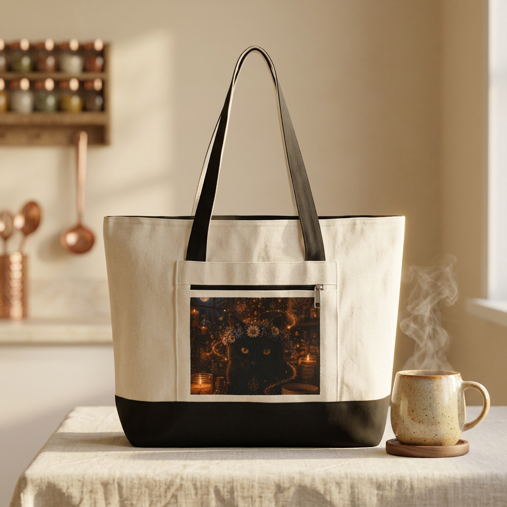 Black Cat Magic Zippered Canvas Tote
