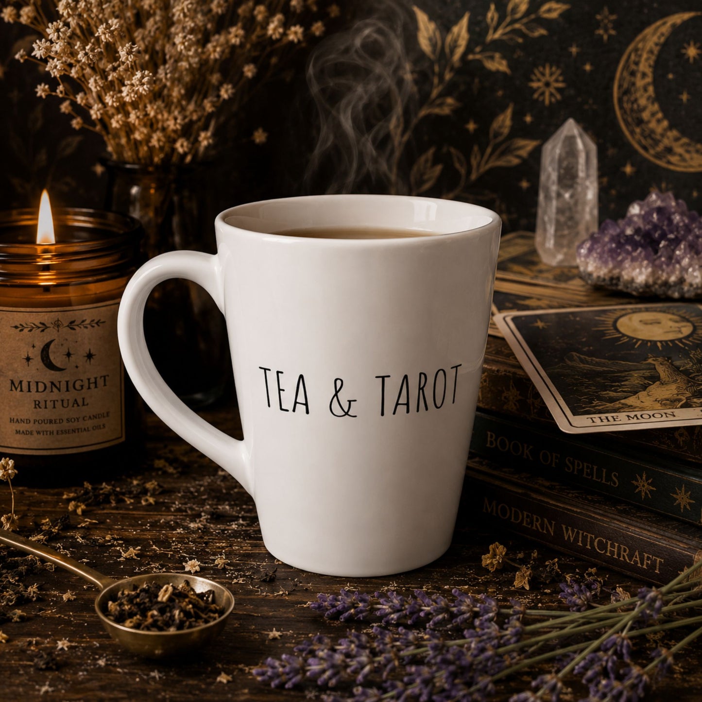 Tea and Tarot Latte Mug — Mystical Tea Lover Ceramic Cup