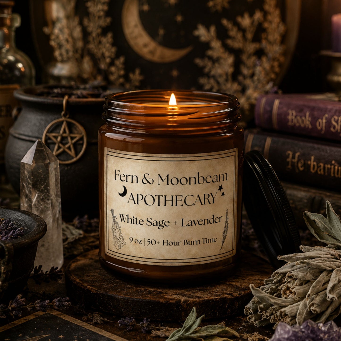 Apothecary Soy Candle — White Sage + Lavender (Amber Jar)