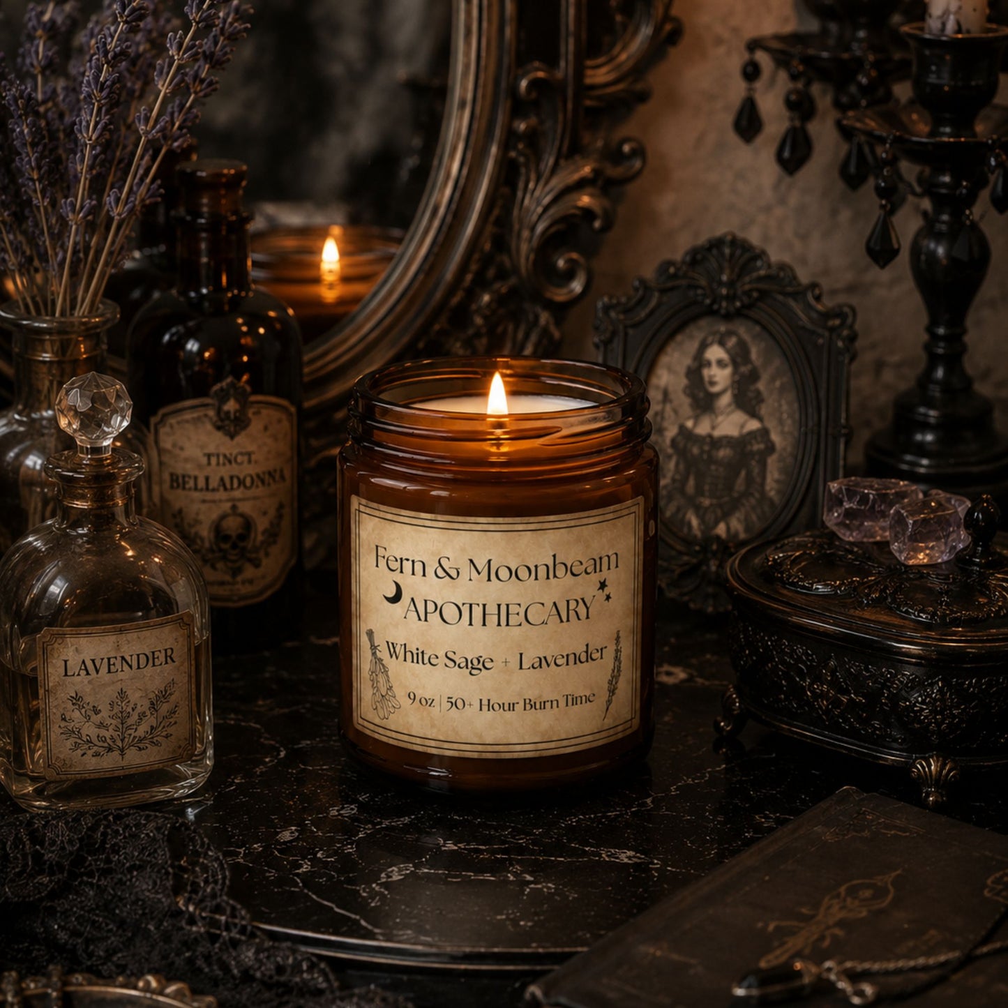 Apothecary Soy Candle — White Sage + Lavender (Amber Jar)