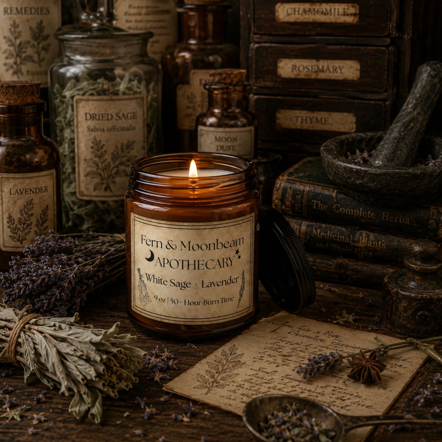 Apothecary Soy Candle — White Sage + Lavender (Amber Jar)