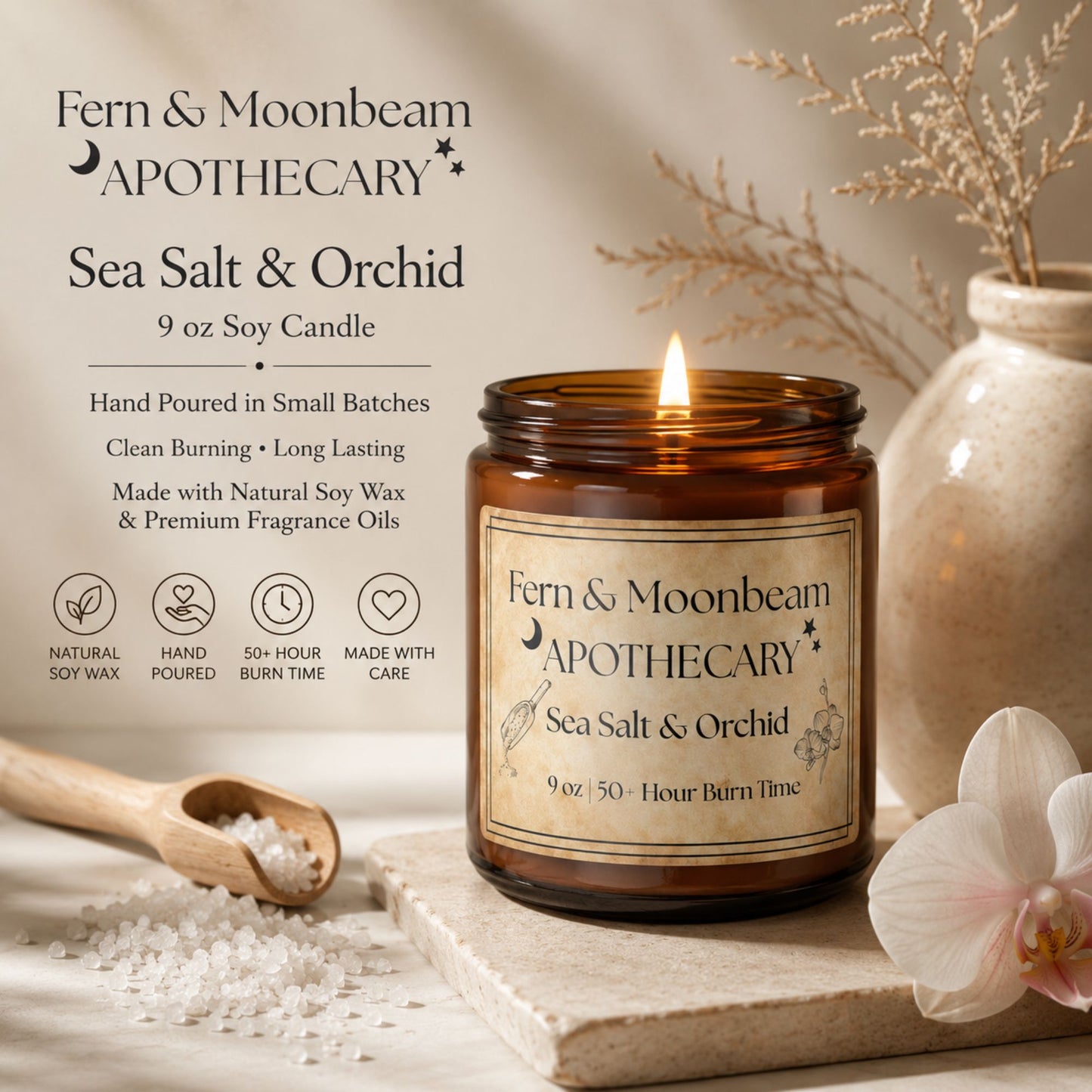 Sea Salt & Orchid Soy Candle — Amber Jar
