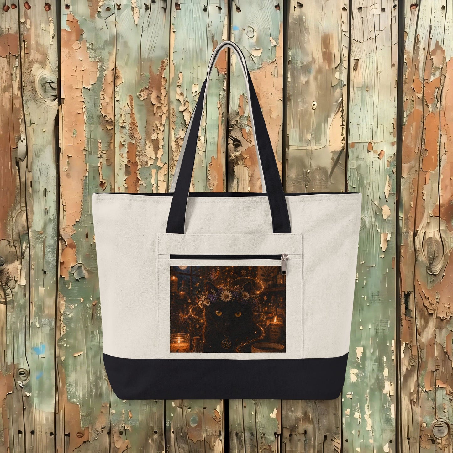 Black Cat Magic Zippered Canvas Tote