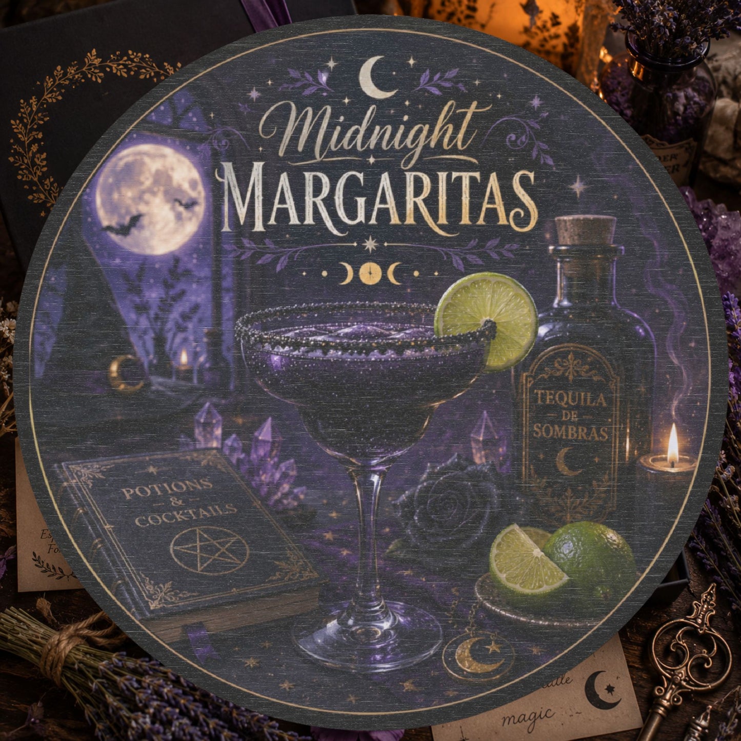 Midnight Margaritas Round Wood Sign